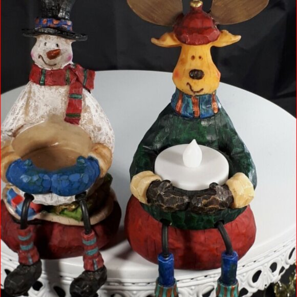 Christmas Decor Whimsical Snowman and Moose Shelf Mantle Tealight Holders - Picture 3 of 4